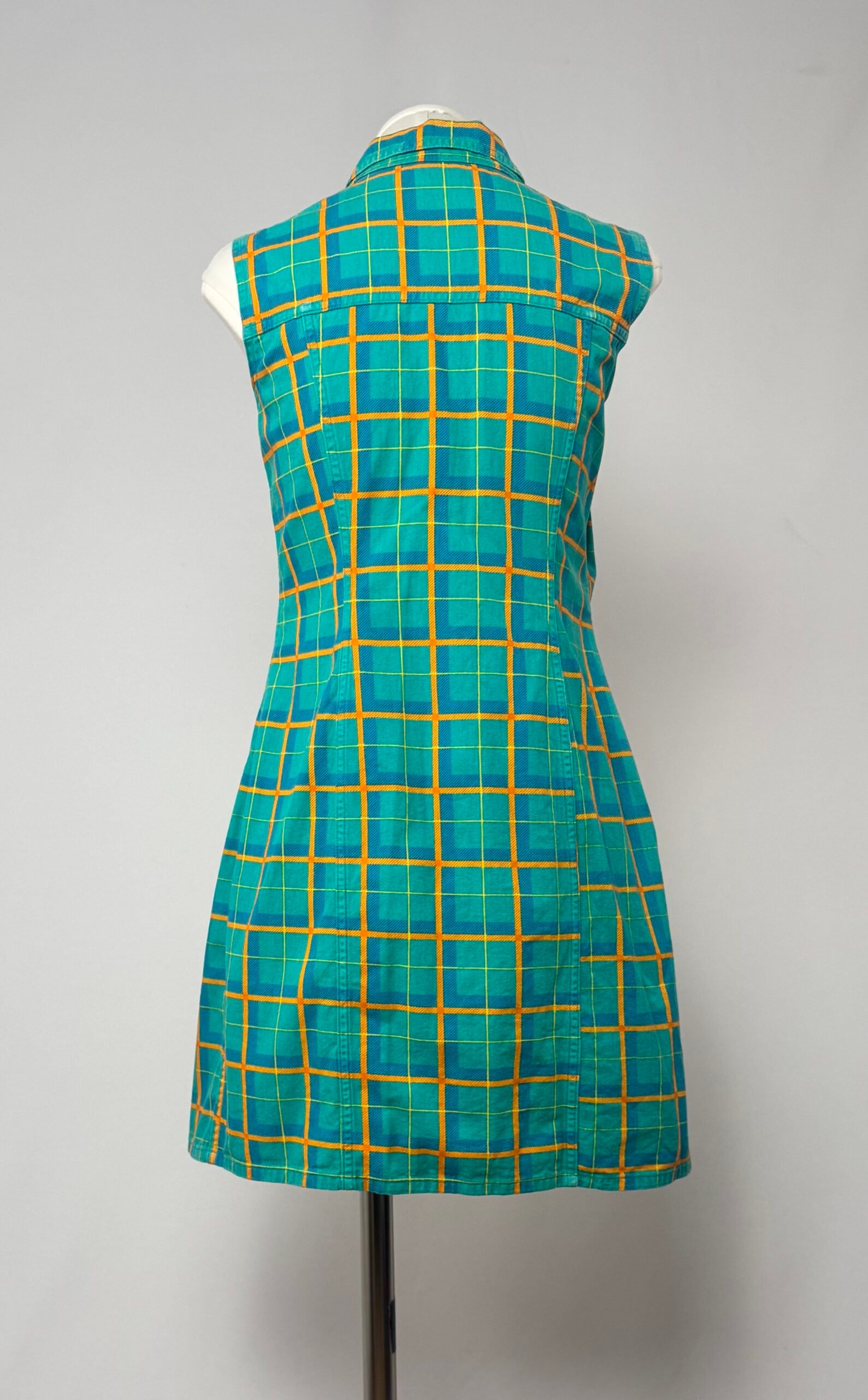 Vestido denim verde con cuadros naranja - Imagen 5
